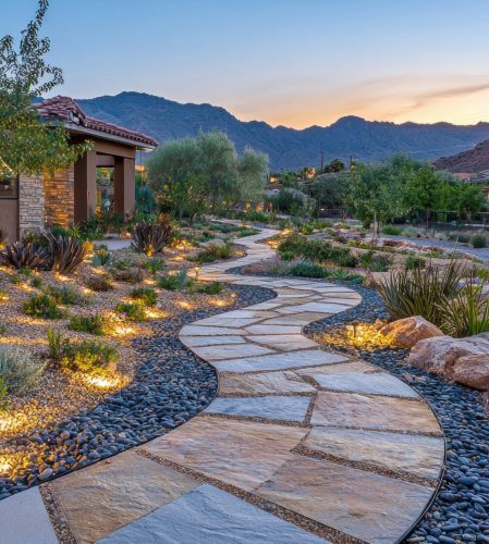 Stone Pathway through Desert Garden with Lighting